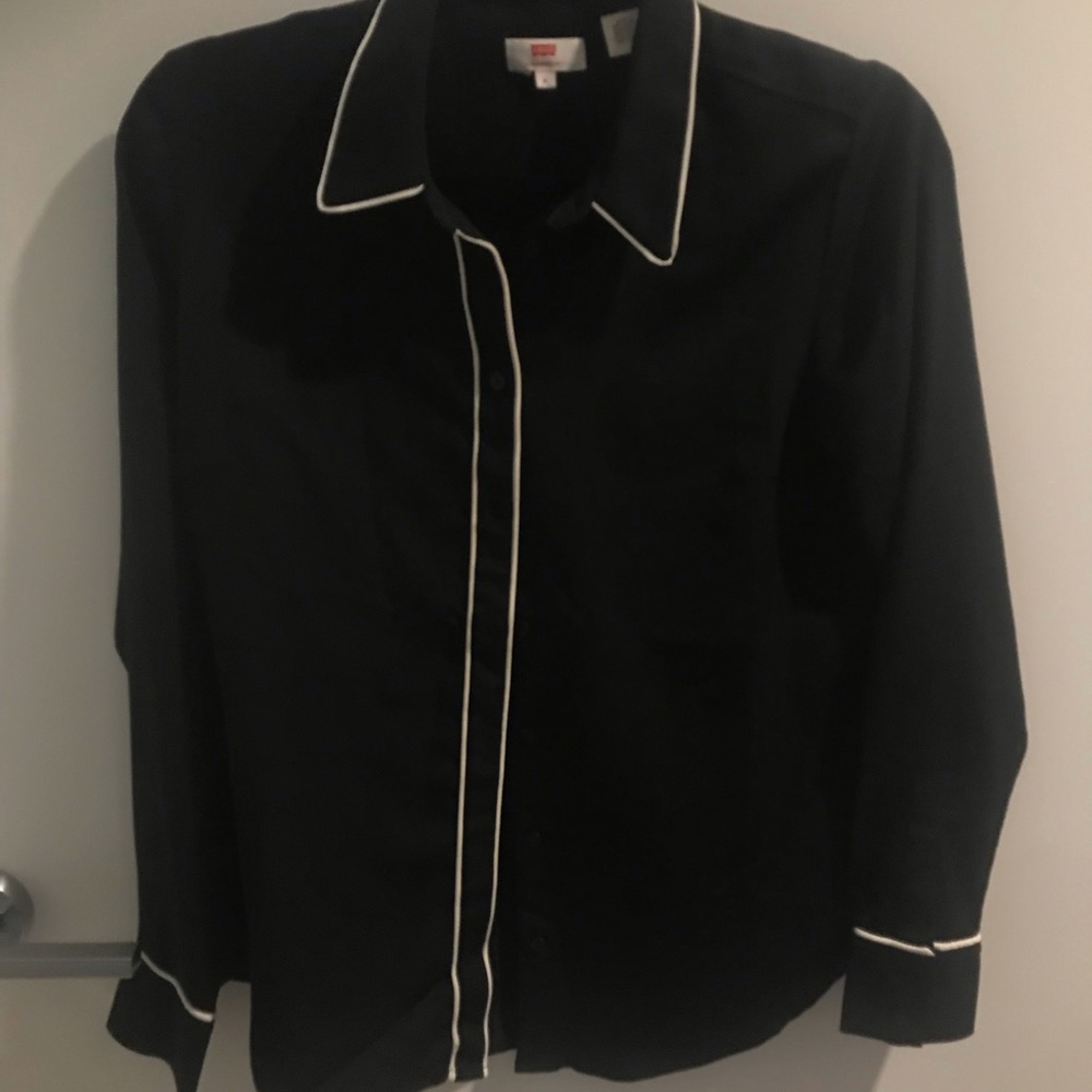 Black blouse with white piping gently used